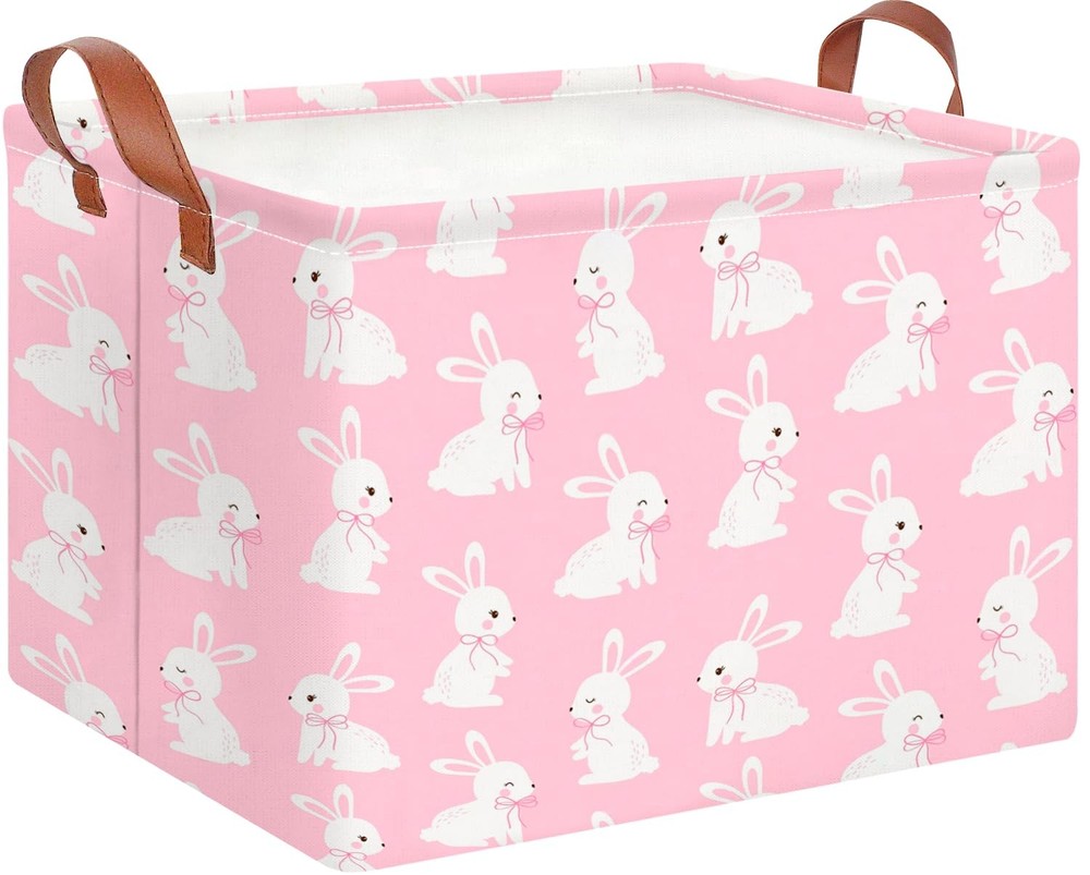 CLOCOR Rectangular Pink Easter Gift Basket Empty,Waterproof Bunny