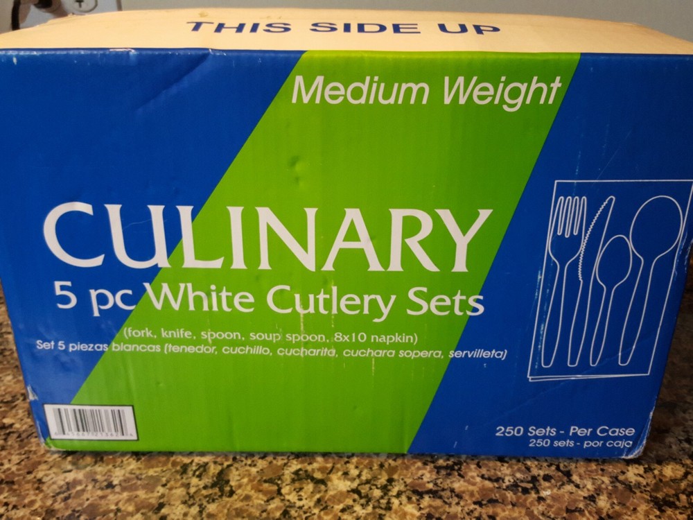 Culinary individually wrapped 5 piece cutlery disposable set 250 count-open box