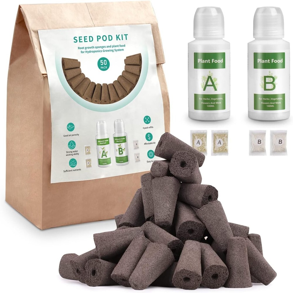 50 pcs Square Grow Sponges Seed Starter Pod Kit Hydroponics A&B Solid Nutrient