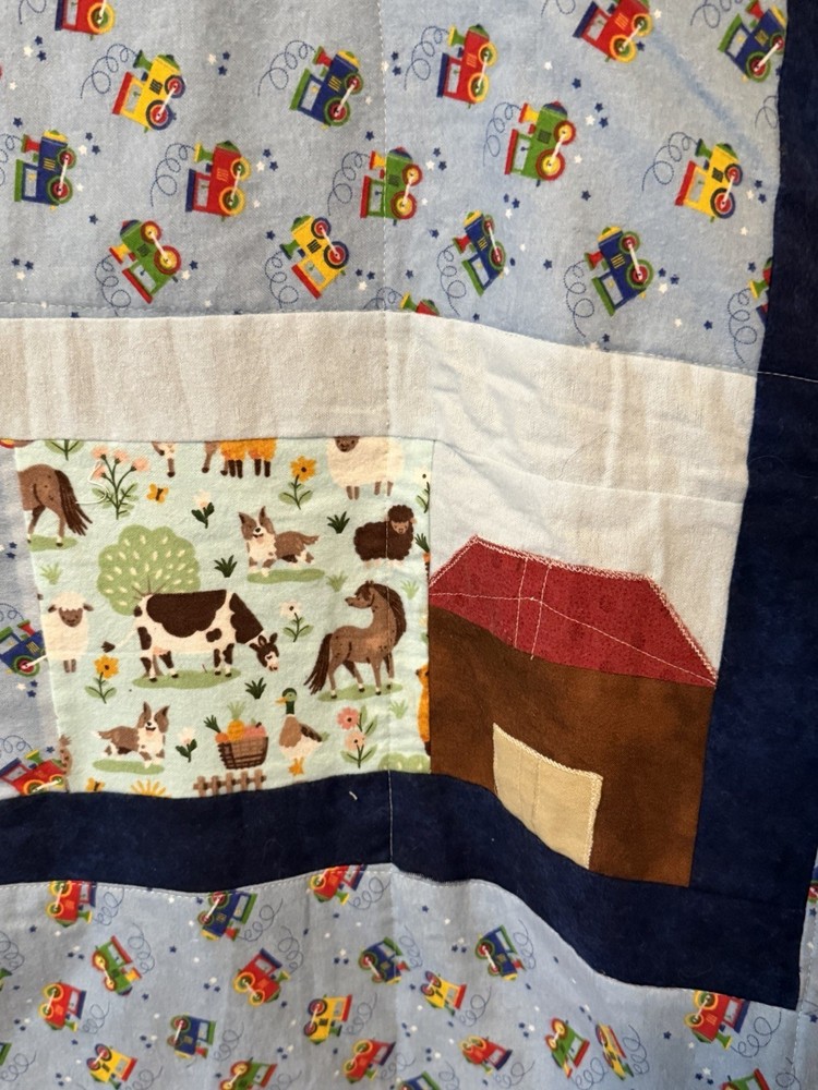Patchwork Quilt Throw Blanket Handmade Signed Reversible Farmstead 53”x52”
