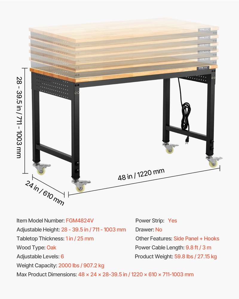 Adjustable Workbench, 48-Inch Work Bench with Power Outlet, Wheels, and Pegboard