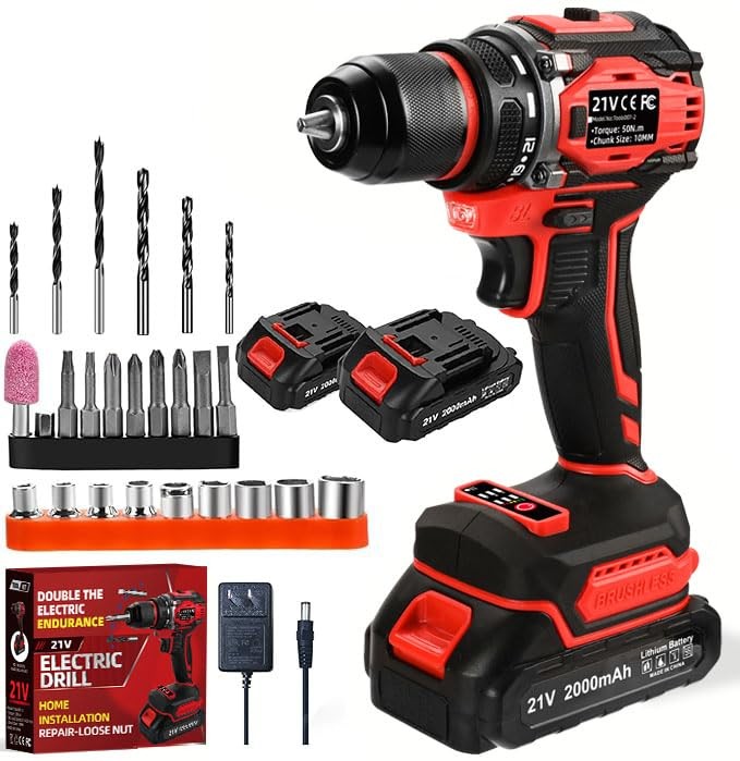 21V Cordless Power Drill/Driver Set, 2 Variable Speeds with LED Light, 3/8" K...
