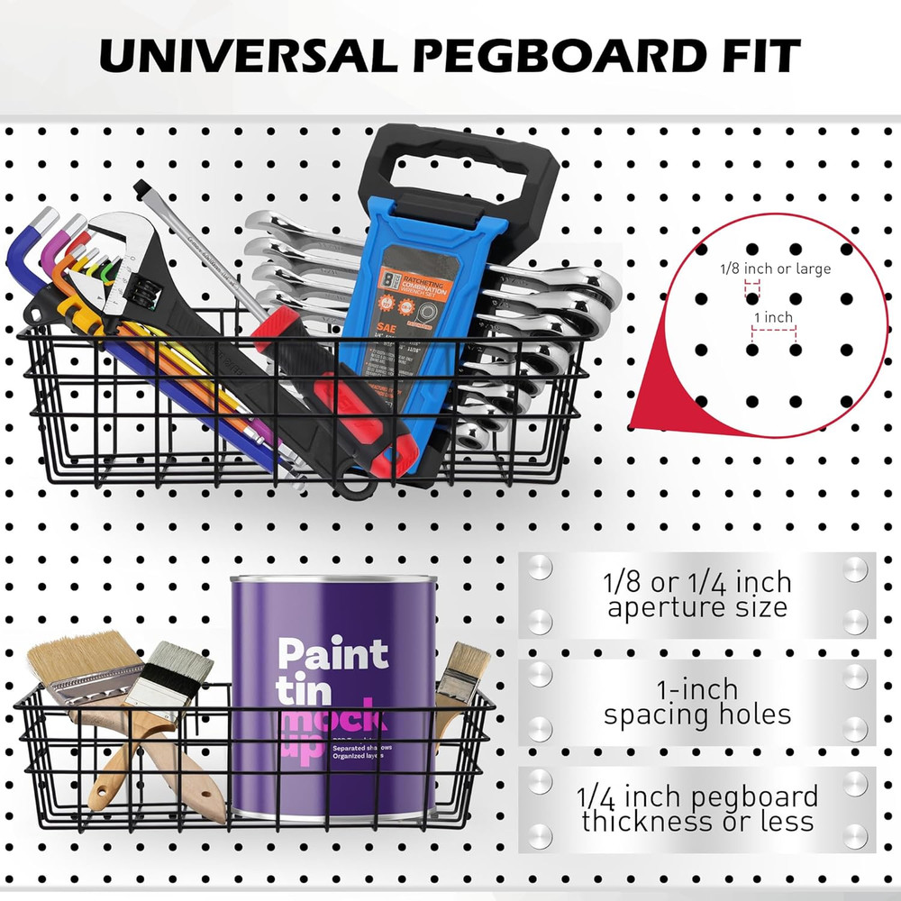 5 Piece Pegboard Baskets Set Heavy Duty Peg Board Organizer Accessories Bin Set