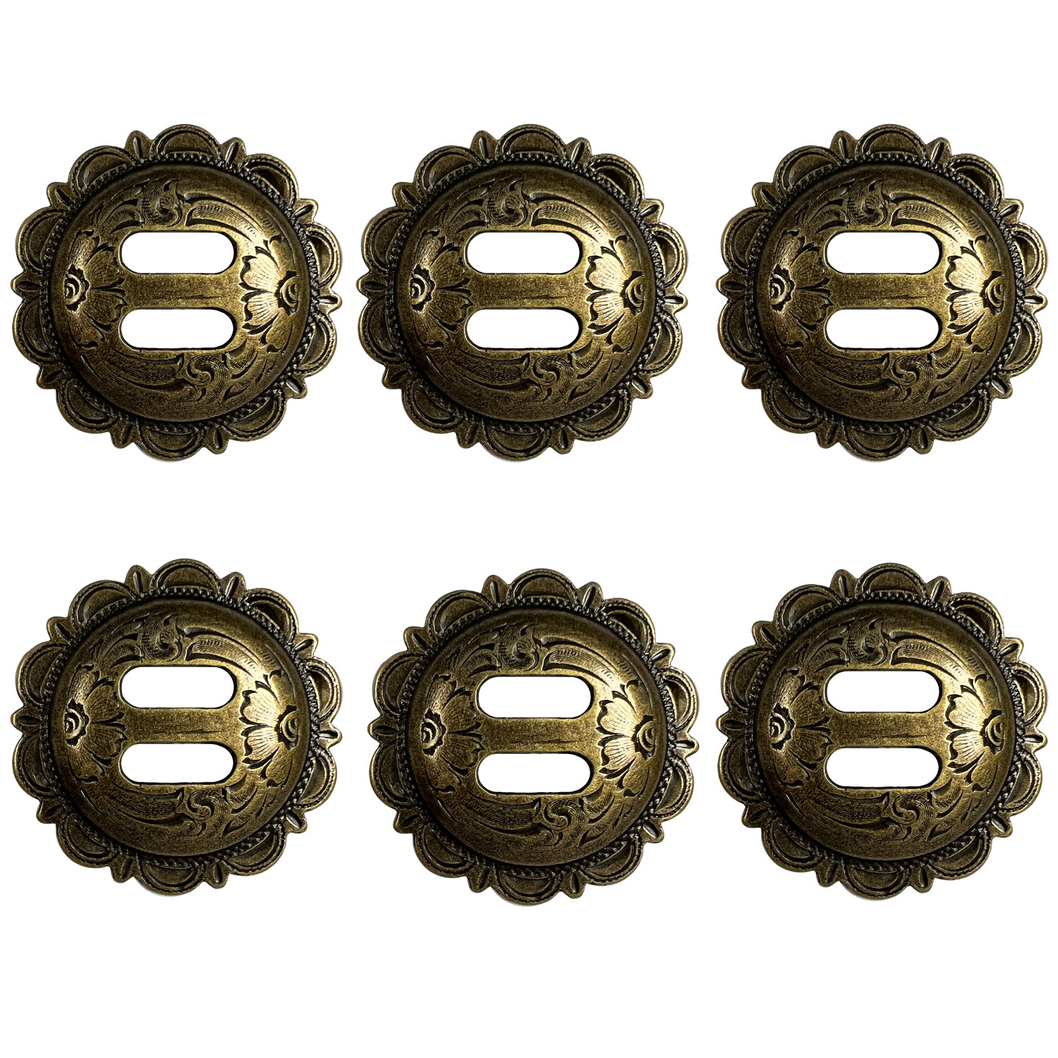 Set of 6 WESTERN HORSE SADDLE TACK ANTIQUE ENGRAVED SLOTTED CONCHOS 1-1/2"