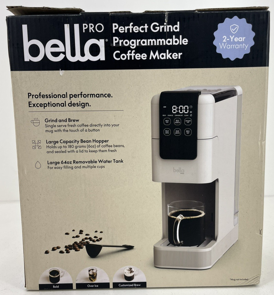 bella PRO Programmable Single-Serve Coffee Maker Integrated Burr Grinder Oatmilk