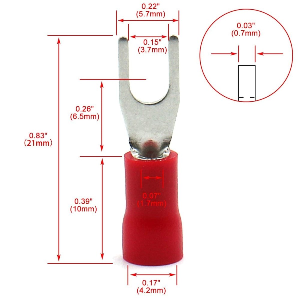 Insulated Fork Spade Terminal Connectors #6 Stud 22-16 AWG Red 200-Pack