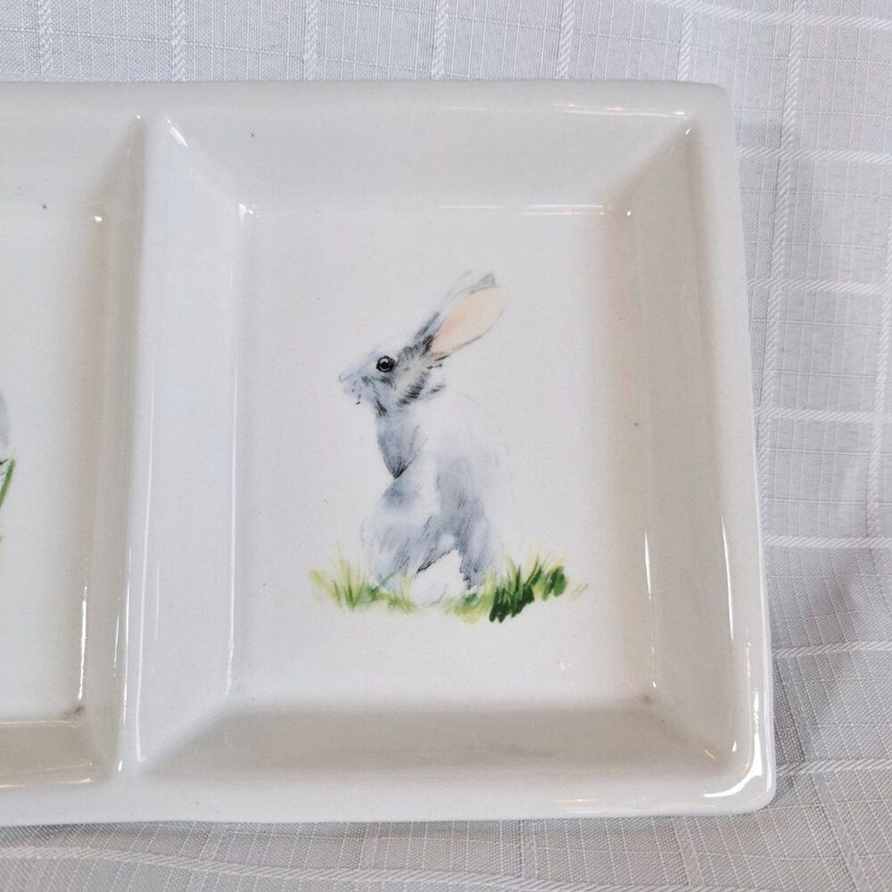 3 Compartment Ceramic Bunny Serving Dish Candy Appetizer 14.5" x 6"