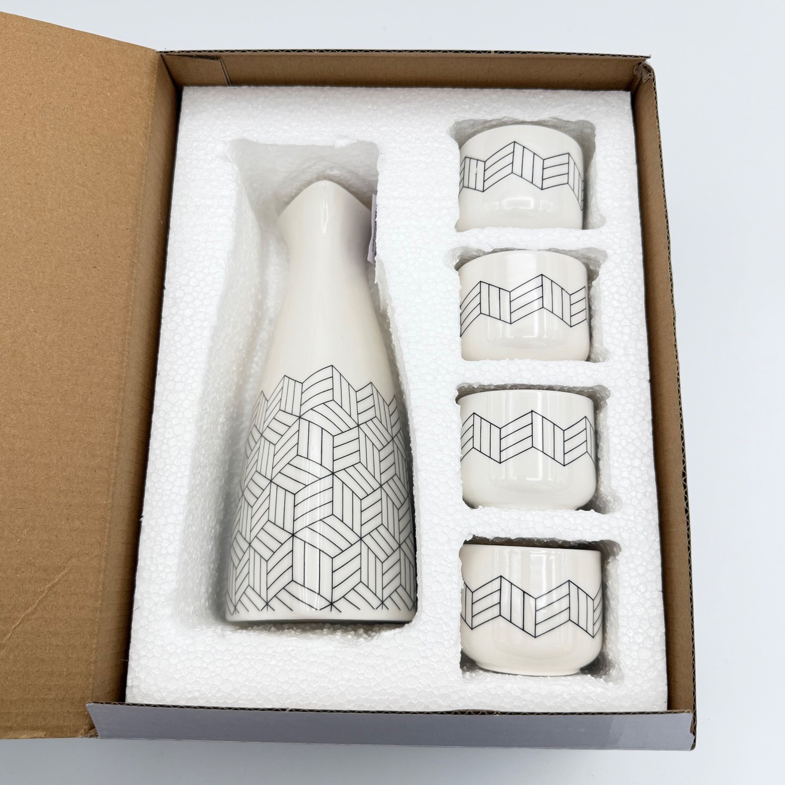 Short Stories Sake Set Carafe & 4 Cups Ceramic 14oz Modern Geometric