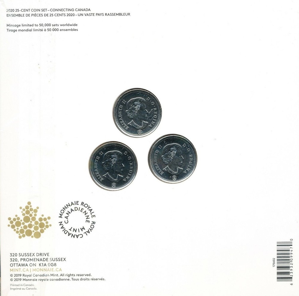 2020- 25 cent 3 coins set Colored Special Addition Connecting Canada Sealed UNC.