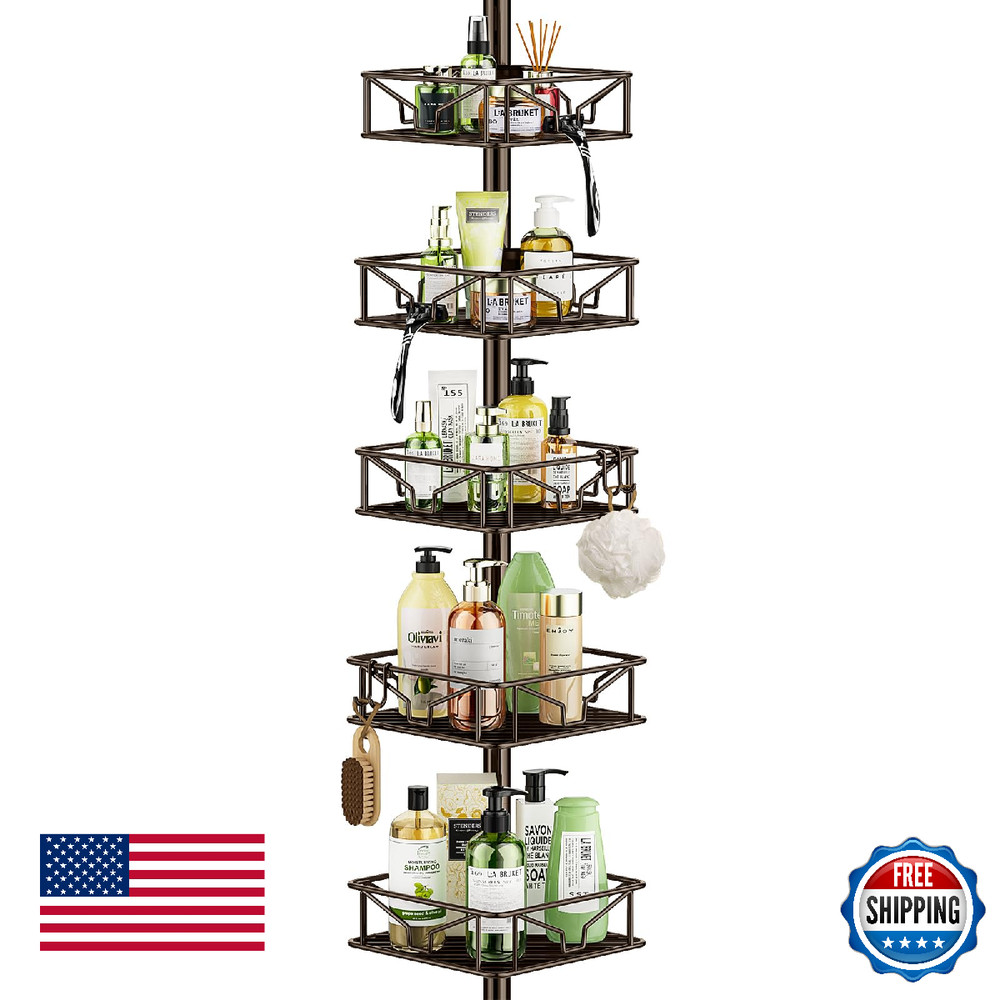 Skycarper 5-Tier Corner Shower Caddy, Adjustable 62-116", Bronze, Rustproof