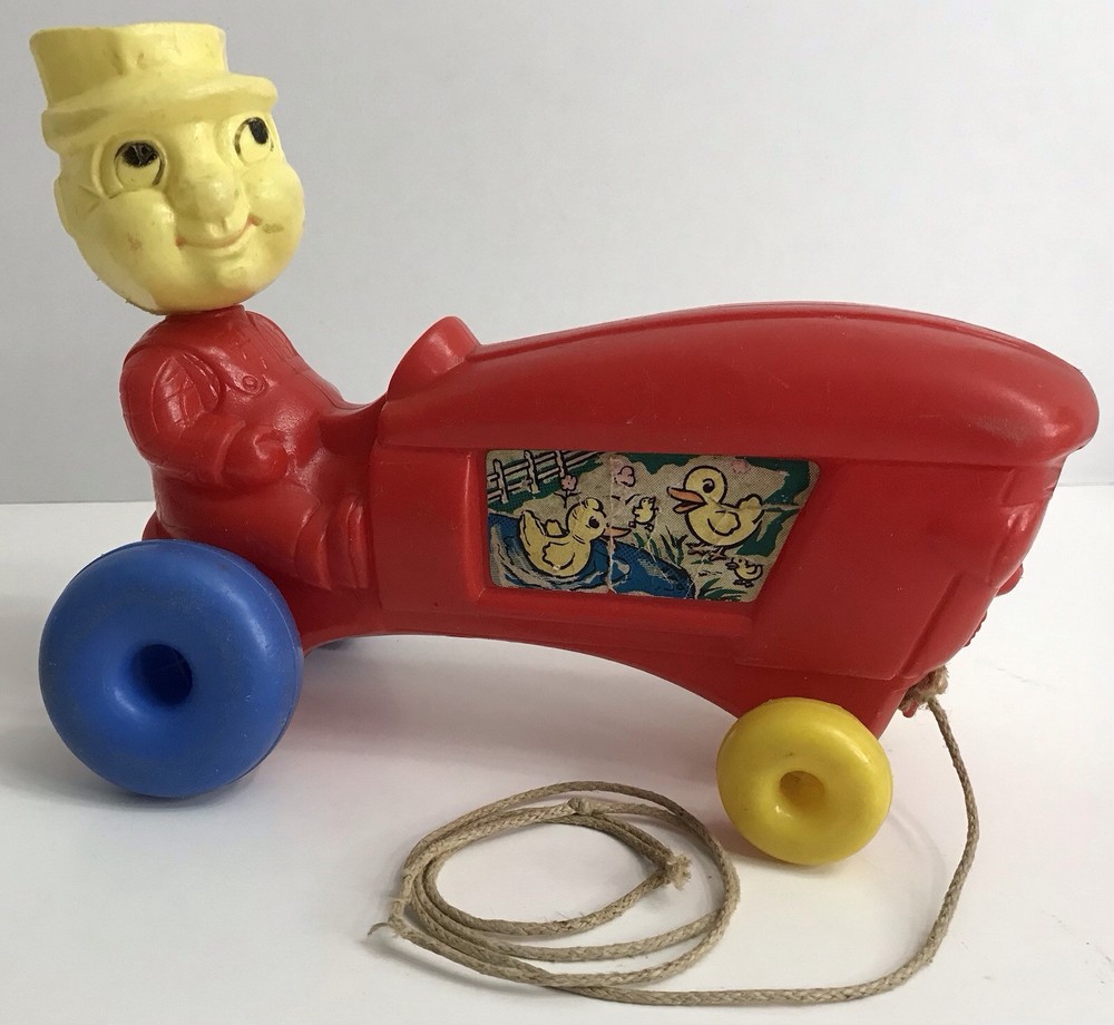 Empire Tractor & Farmer Bobble Head Pull Toy Blow Mold Original Pull String READ