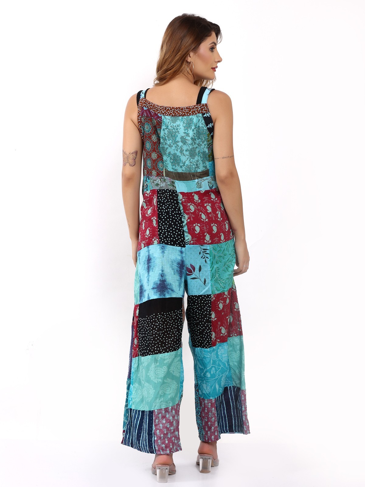 Women's Casual Patchwork Pocket Wide Leg Floral Print Rompers Jumpsuit Dress