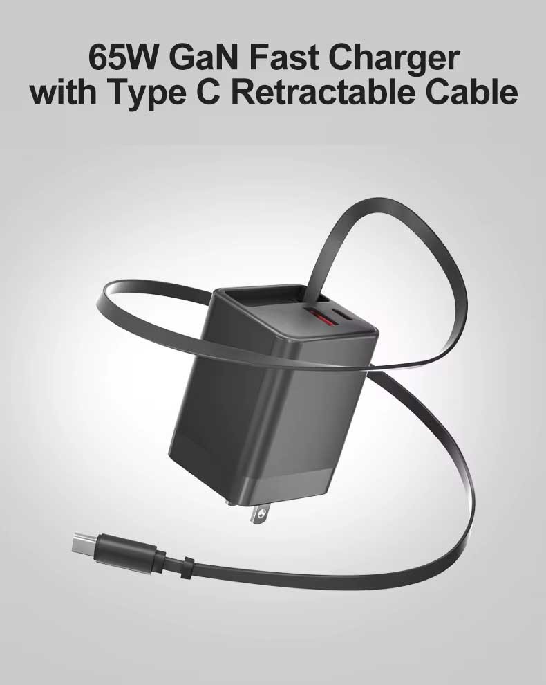 65W PD Home Charger Fast Type-C 2ft Retractable Cable USB-C for Tablets