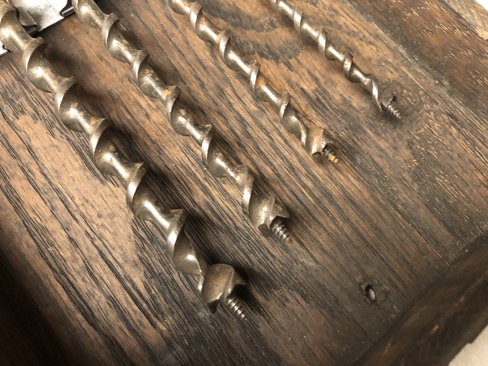 8 Antique Vintage Irwin Auger Bits Oak Case Box