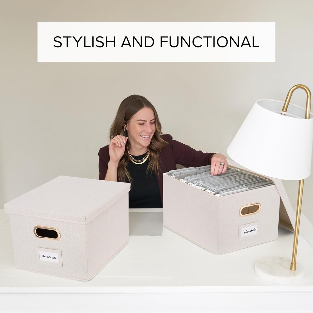 Decorative Document Storage Box Set (2-Piece) — Easy-Slide Lidded Storage Boxes