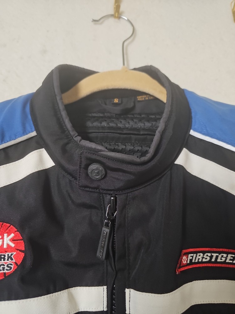 Firstgear Motorcycle Jacket Small Blue Black Embroidered Patches Safe Hypertex