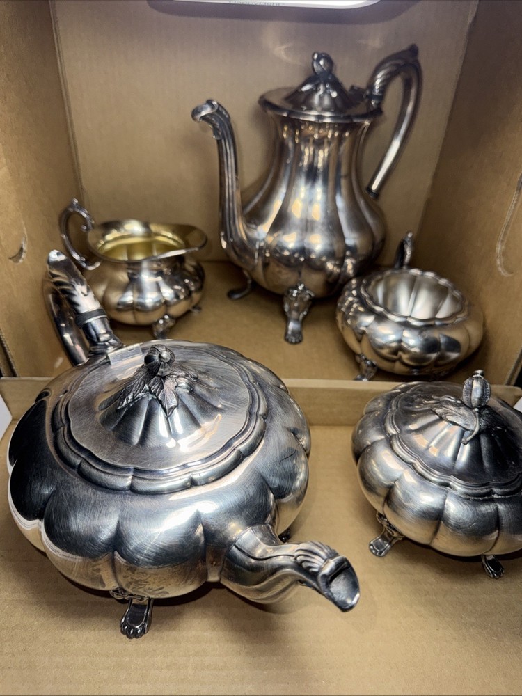 Vintage Silver Plate Tea Coffee Set Melon Heirloom Tea,coffee, creamer, Sugar +￼
