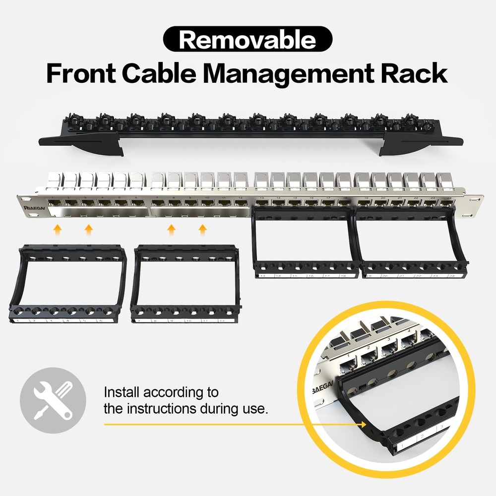 Patch Panel 24 Port with cat7 STP Keystone Jack【EC Listed】 Front Cable Rack S...
