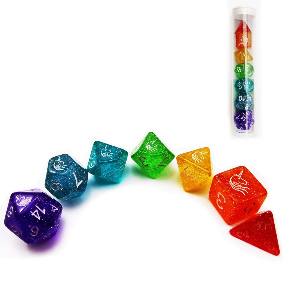 Bescon Colorful Unicorns Rainbow Sparkled Polyhedral D&D Dice Set 7pcs Set