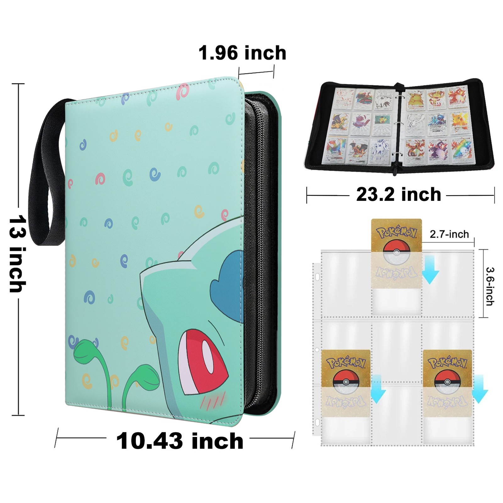 900 Cards Pocket Binder 9 Pocket Game Sport Trading Card Album Folder -Bulbasaur