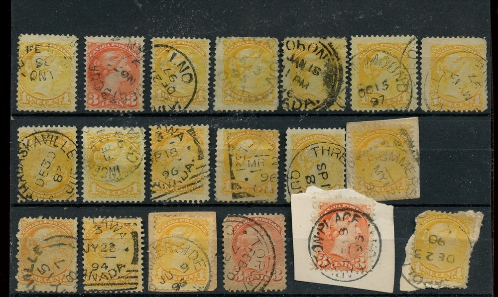 20 -- SMALL QUEEN DATED COPIES 1 & 3 cent used lot CAnada
