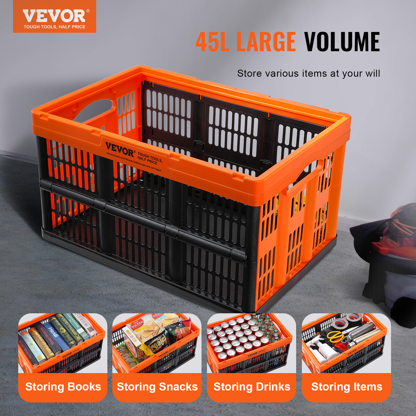 VEVOR Collapsible Storage Baskets Folding Plastic Stackable Container 45L 3-Pack