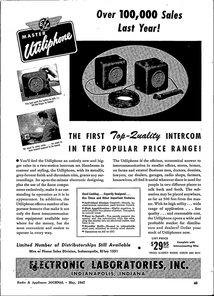 1947 Utiliphone Intercom Electronic Laboratories Indianapolis ORIG Print Ad