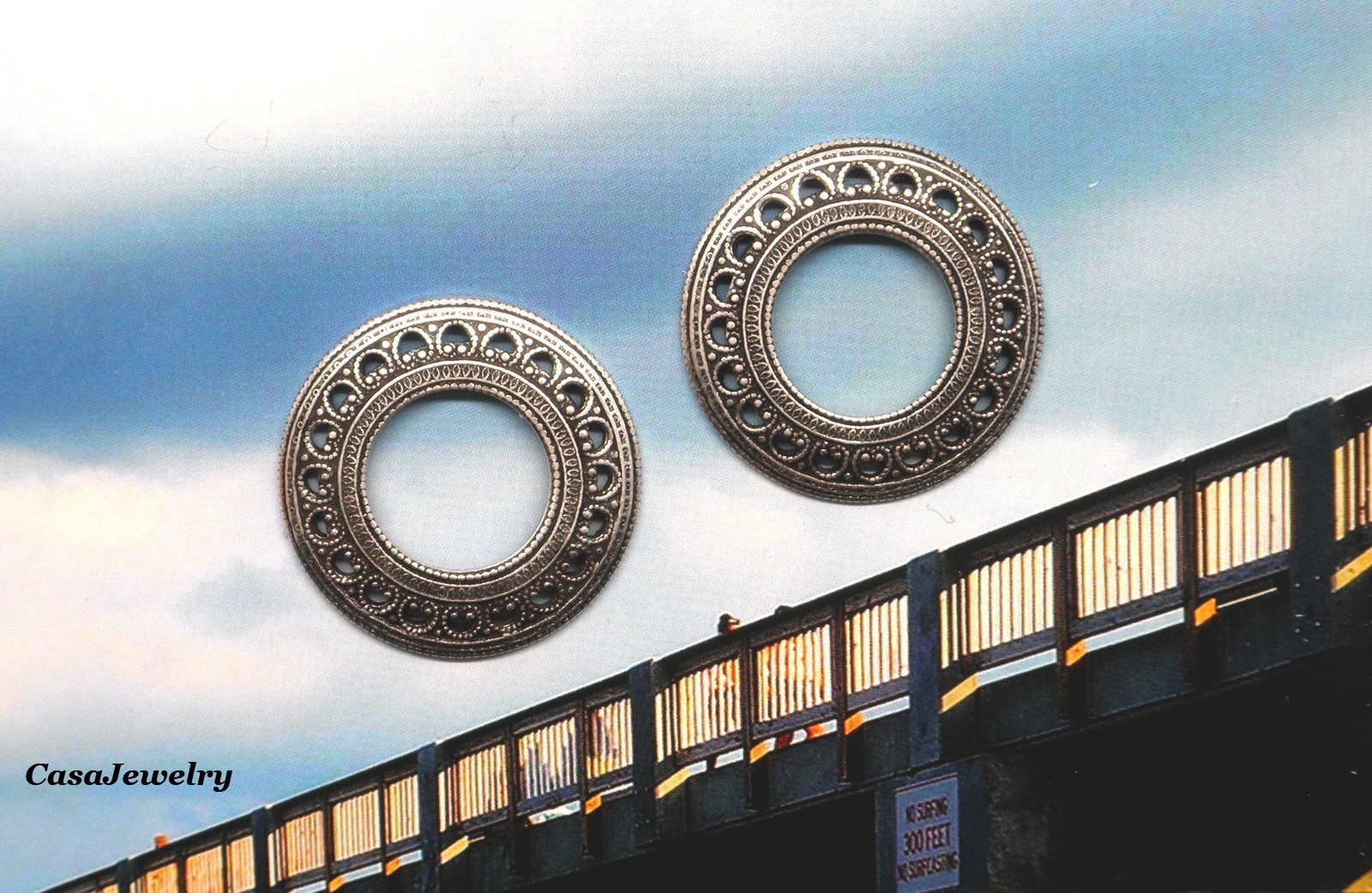 #5052 ANTIQUED .925 STERLING SILVER PLATED ROUND OPEN CENTERED STAMPING - 2 Pcs