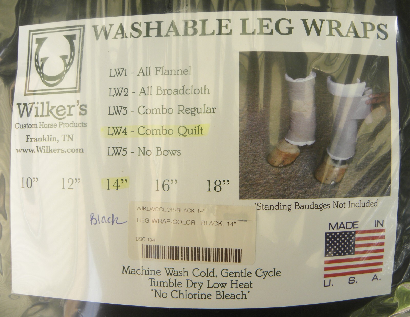 NEW! Wilker's Set of 4 Combo Quilted LW-4 Leg Wraps-Black 2 EA 12"-14" USA MADE