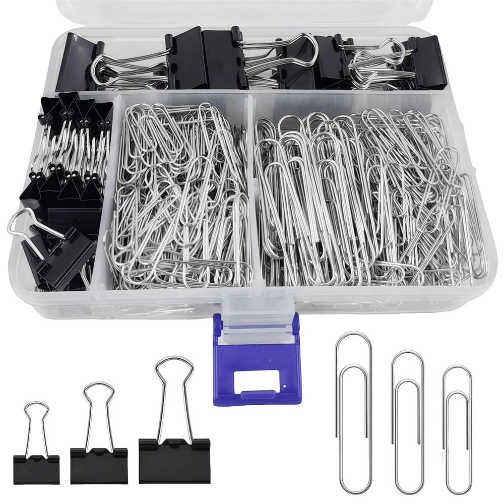 Binder and Paper Clips Set, 340 pcs Assorted Sizes in Container With Compartm...