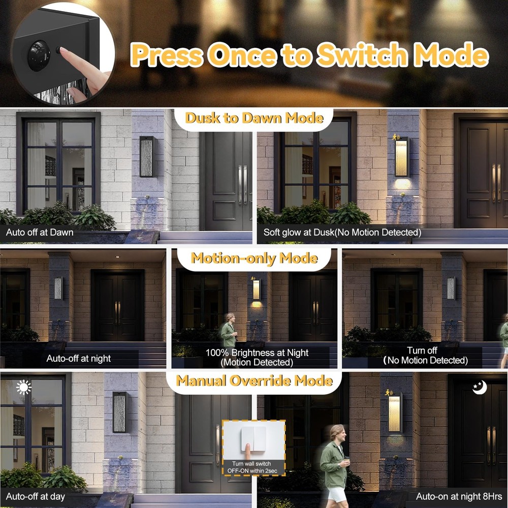 Motion Sensor LED Outdoor Wall Light Fixtures 2 Pack, Sensor, Black