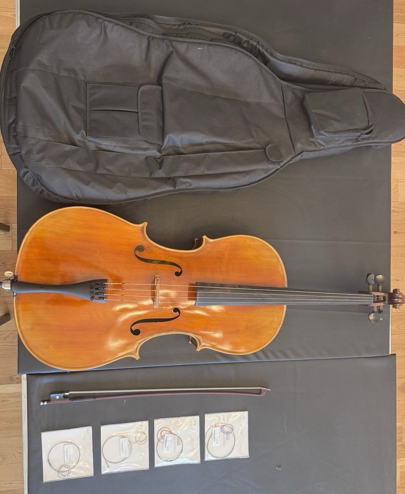 4/4 Full Size Cello, Soft Case, Bow, And New Strings