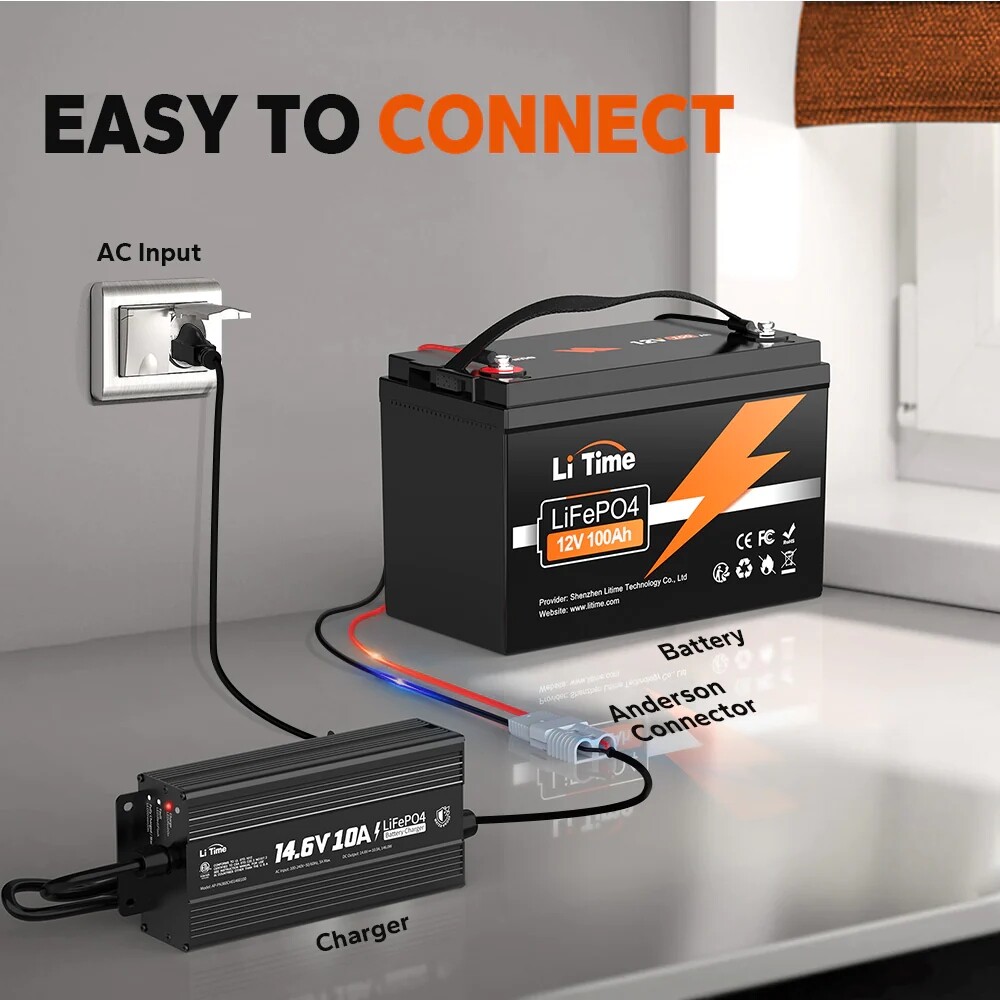 LiTime IP67 Waterproof 14.6V 10A LiFePO4 Onboard Charger for Outdoor Marine Use