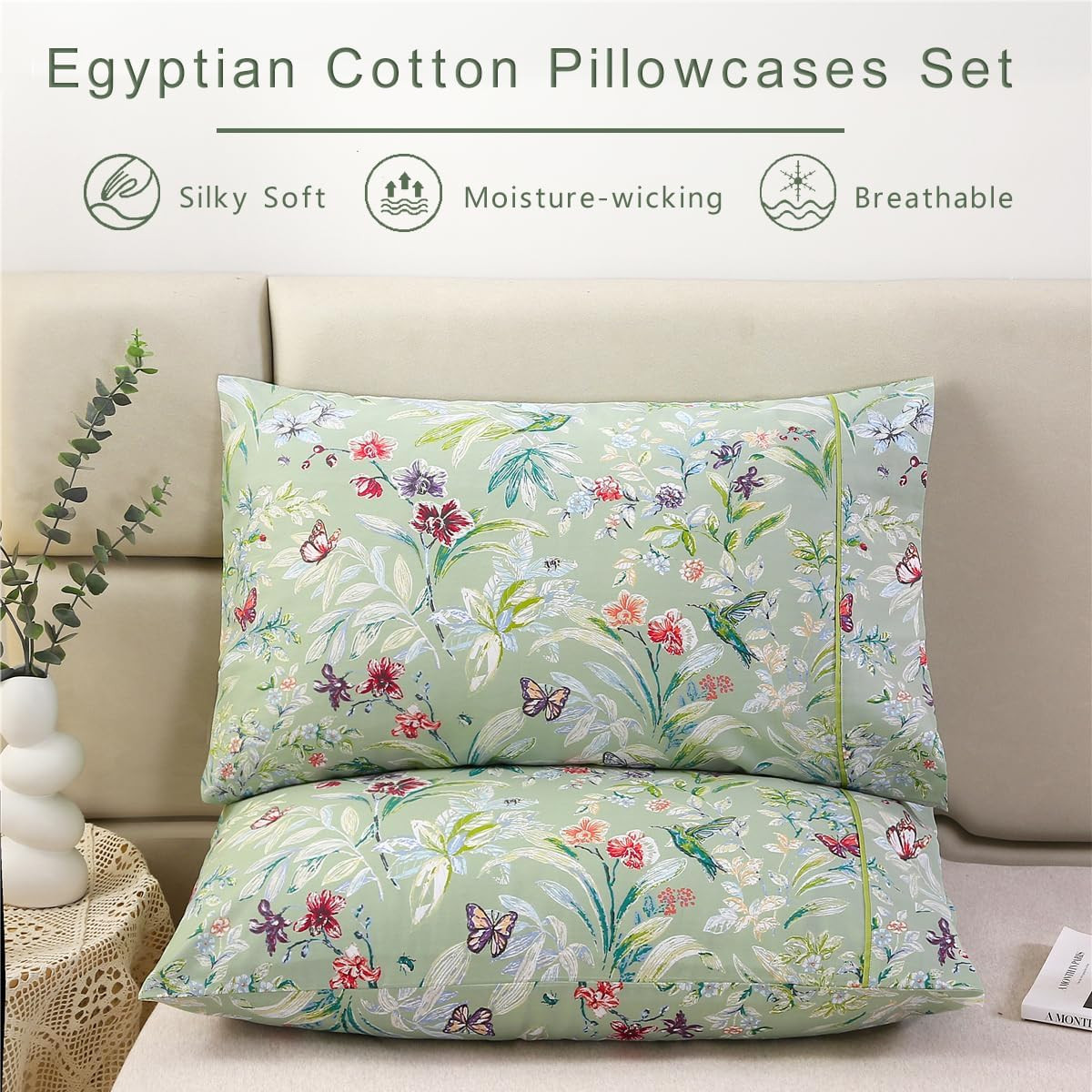 100% Cotton Pillowcases Set of 2 King Size Floral Printed Butterfly Pillow Cases