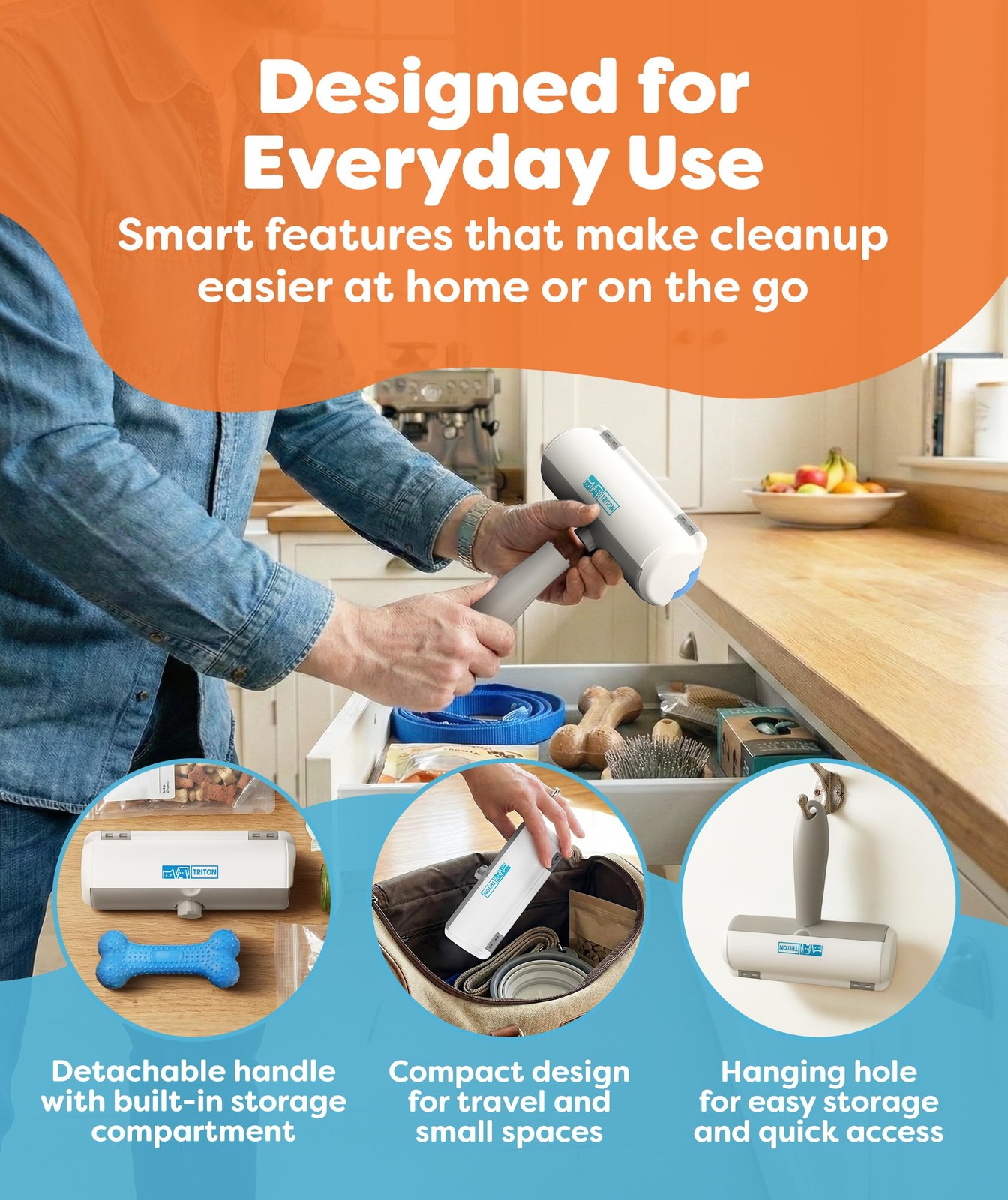 Triton Pet Hair Removal Tool w/Fur Trapping Compartment and Large, Gray/White