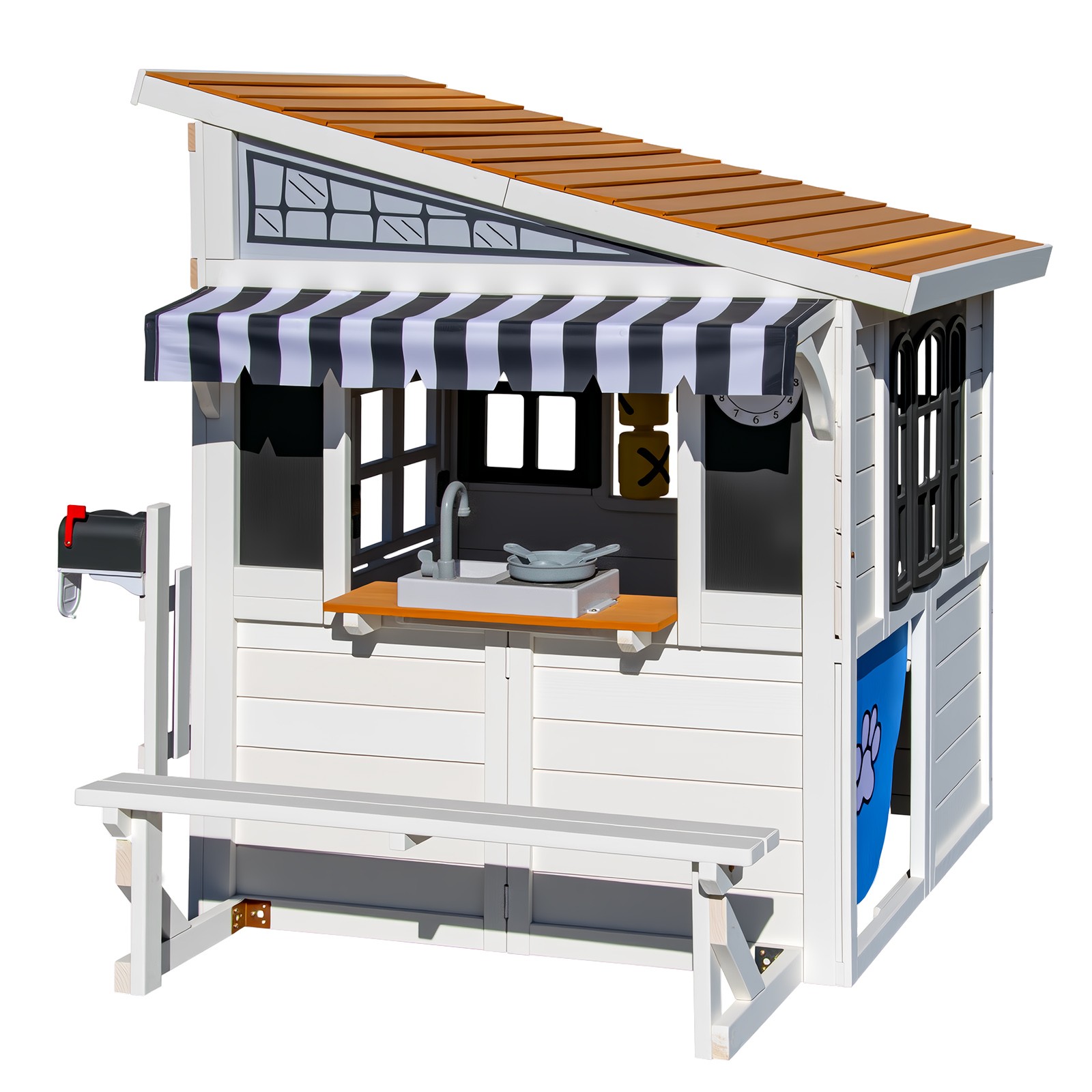 Wooden Kids Playhouse Cottage Play Kitchen,Bench,Mailbox,Tic-Tac-Toe,Chalkboards