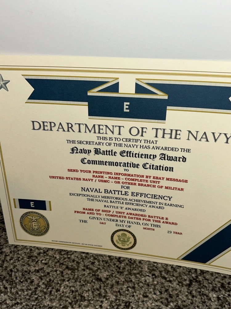 NAVY BATTLE EFFICIENCY AWARD COMMEMORATIVE CERTIFICATE ~ TYPE-2 / W/PRINTING