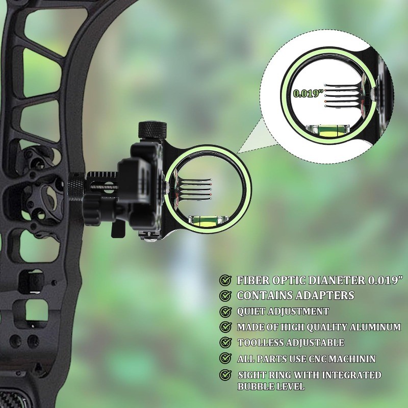 5 Pin Compound Bow Sight 0.019" Micro Fiber Optic Pins Tool Less Micro Adjust