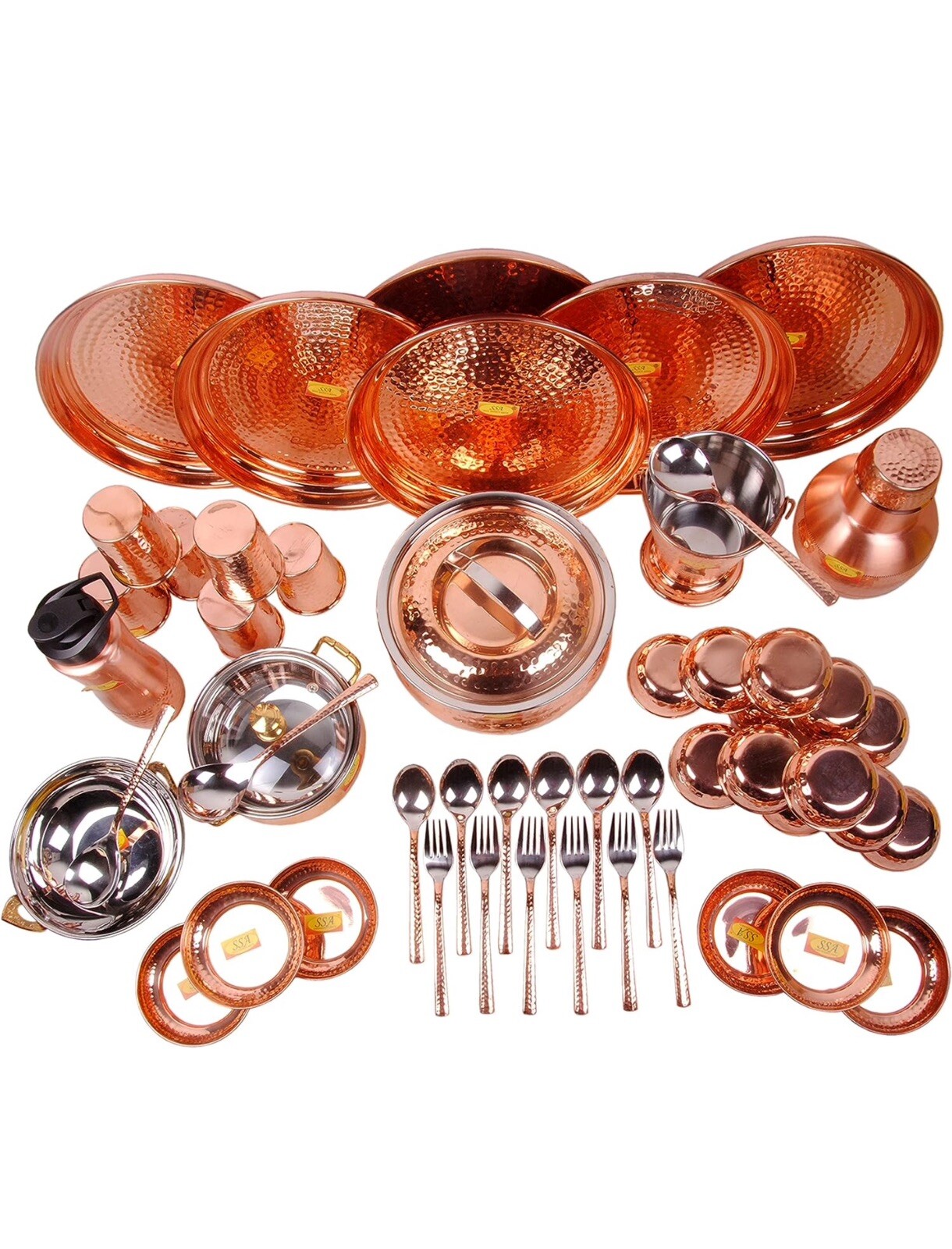 Pure Copper Solid Dinner Set- 51 Pieces- Designer- (Hammered, Brown)