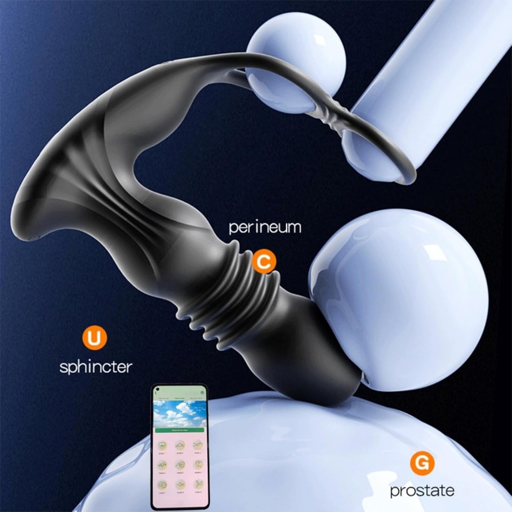 Prostate Massager Anal Vibrator Thrusting Vibrating with Cock Ring Butt Plug APP