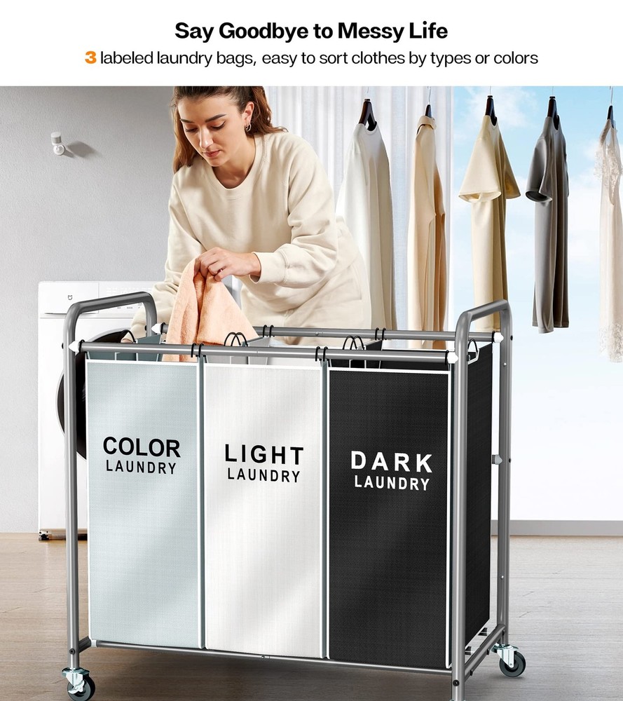 ROMOON Laundry Sorter, 3-Section Laundry Hamper with Wheels, Rolling Laundry