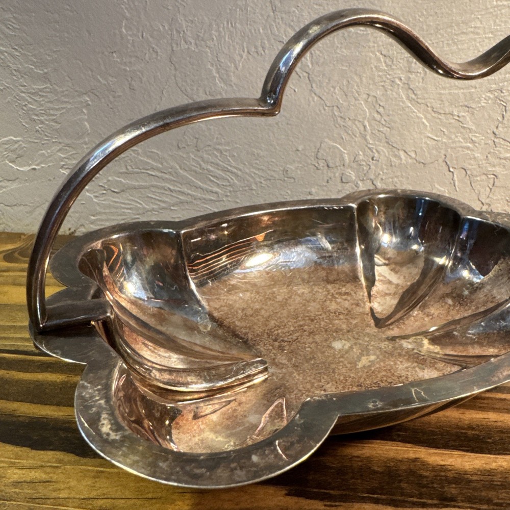 Vintage Silver Plate Candy Dish Scalloped Rectangular with Free Form Handle