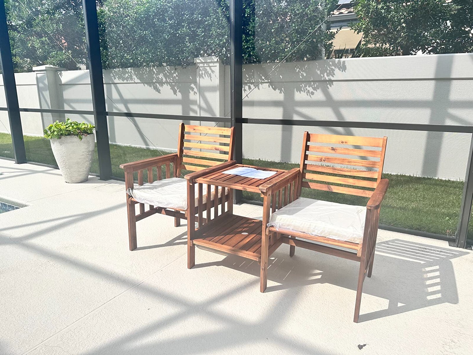 3PCS Outdoor Patio Cushion Furniture Acacia Wood Chair Coffee Table Set Backyard