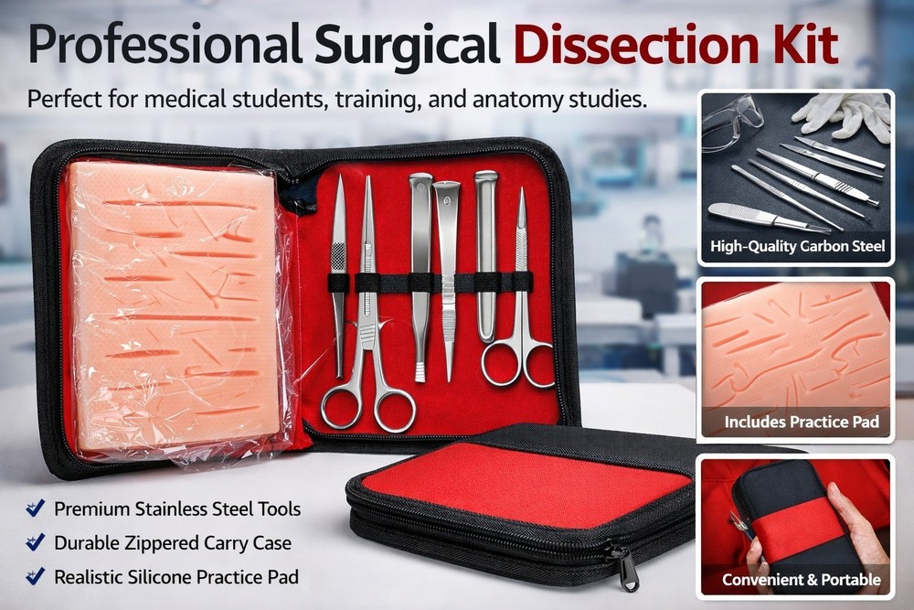 Professional Surgical Dissection Kit with Silicone Practice Pad – Stainless Stee