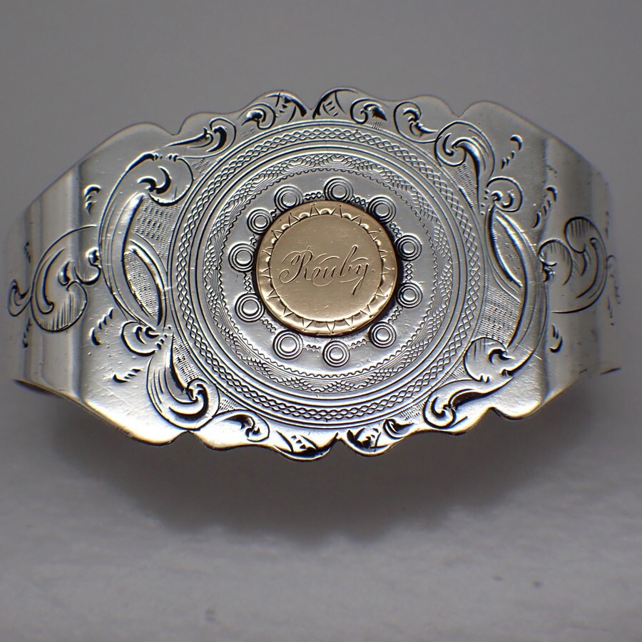 Oval Napkin Ring Sterling Silver Applied Gold Cartouche Mono Ruby