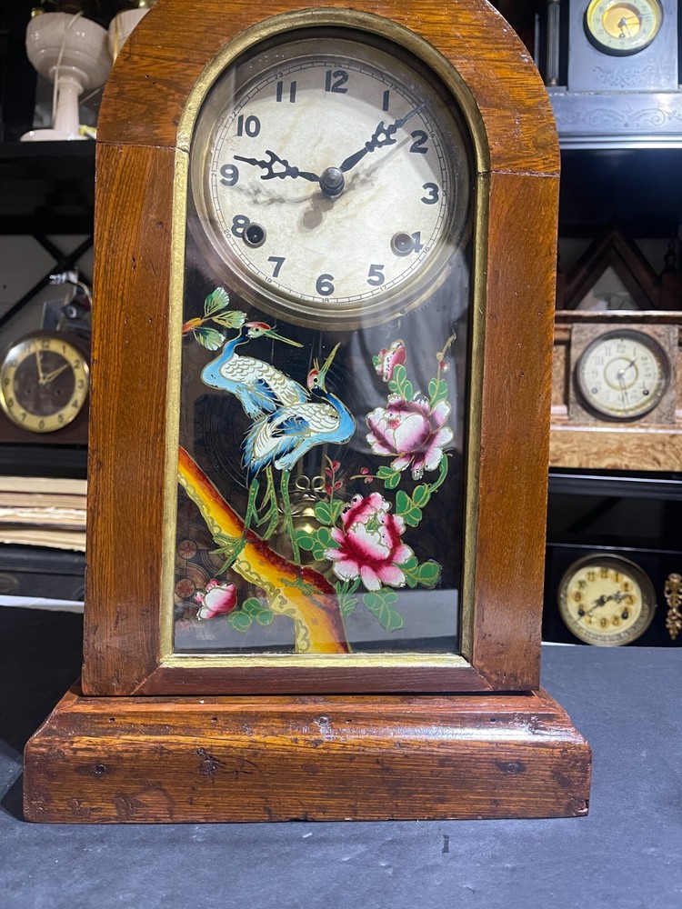 Antique Clock KEY WIND, PAINTED BIRD/FLORAL PAINTED WINDOW, WORKING CLOCK