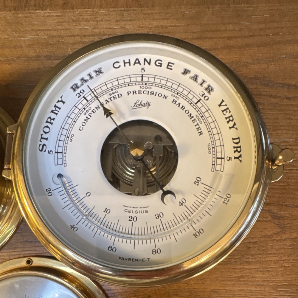 Schatz Royal Mariner Brass Clock, Barometer & Cape Cod Wind Velocity Sailing
