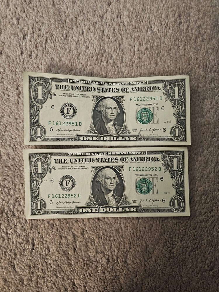 2021 $1 Dollar Bill Sequential Serial Numbers Seql Misaligned Unique Rare Find