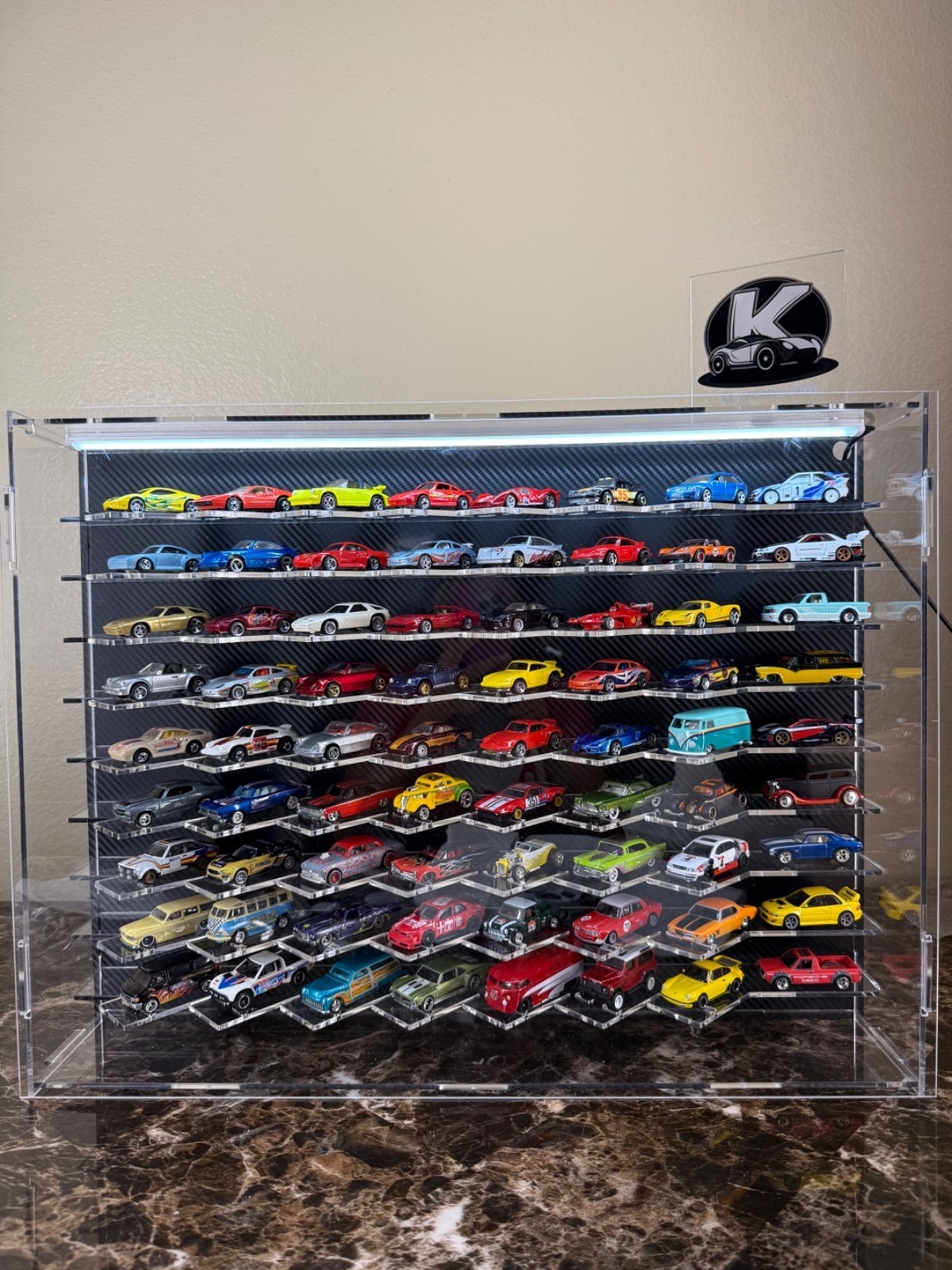 Acrylic standing  display case fits 63 cars (  fits 1:64  Hot Wheels , Matchbox)