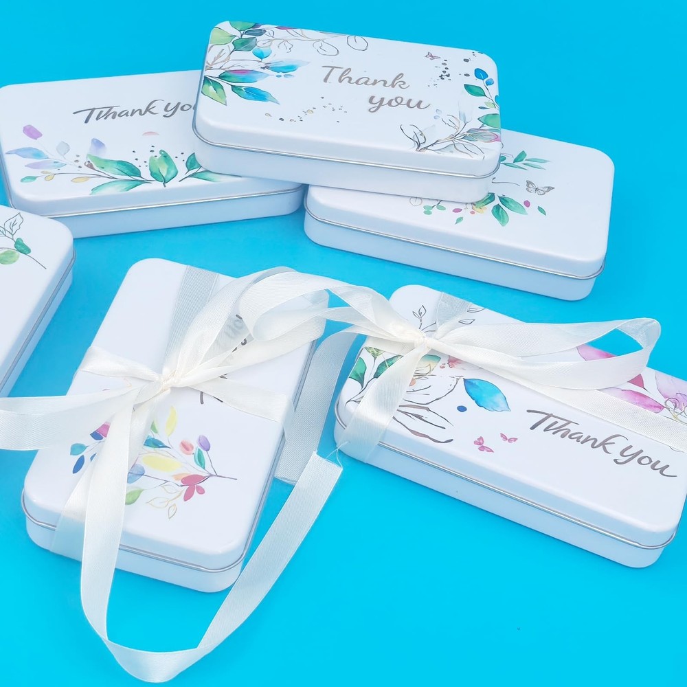 Rectangular White Metal Empty Hinged Tins Containers with Thank You Image Pat...